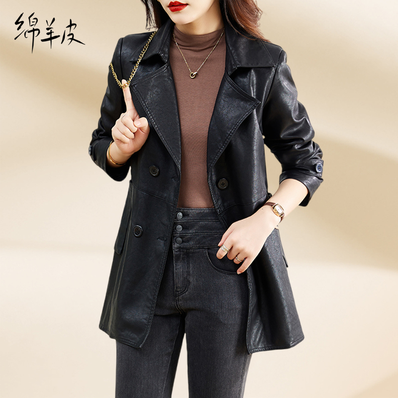 Haining Genuine Leather Jacket for Women with Suit Collar, 2025 Spring and Autumn New Popular Slim-Fit Mid-Length Stylish Leather Trench Coat