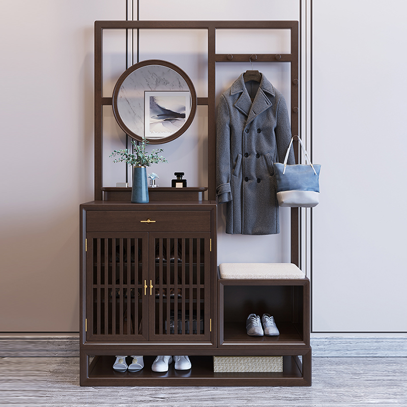 New Chinese-style solid wood porch cabinet entrance hall entry shoe cabinet multi-functional storage living room hanger floor storage change shoe stool