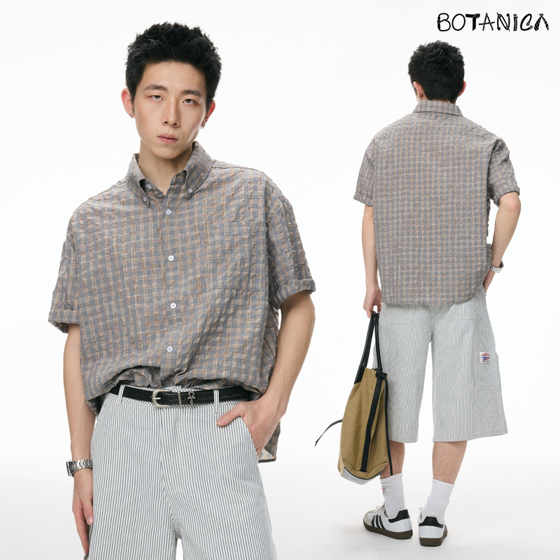 Botanica American Retro Seersucker Plaid Shirt Men's Short-Sleeved Spring and Summer Lightweight Off-Shoulder Flap Pocket Pants Lapel Top Botanica American Retro Seersucker Plaid Shirt Men's Short-Sleeved Spring and Summer Lightweight Off-Shoulder Flap Pocket Pants Lapel Top