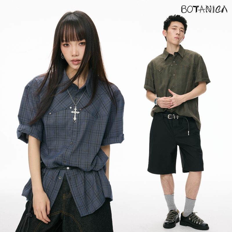 Botanica Plaid Beaded Shirt Men's Short-Sleeved Spring and Summer American Retro Couple Off-Shoulder Blue-Green Lapel Top