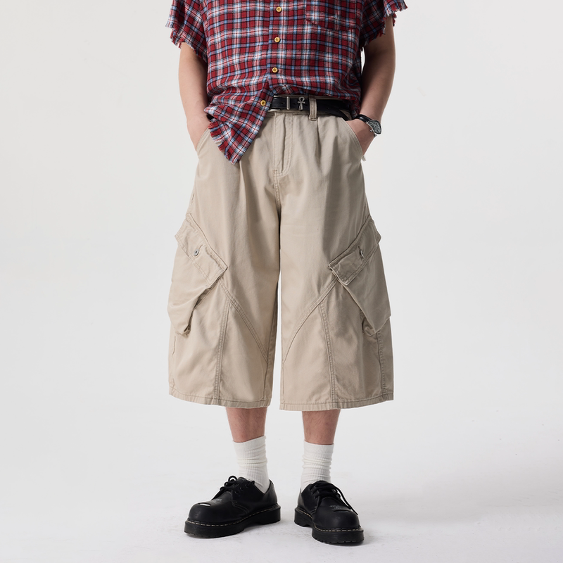 Botanica American Retro Khaki Wide-Leg Pocket Cargo Shorts Vintage Style High Street Scimitar 7/8 Pants