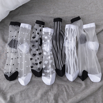Summer ultra-thin socks womens midsize socks tide glass silk transparent crystal socks Japanese black white pile socks