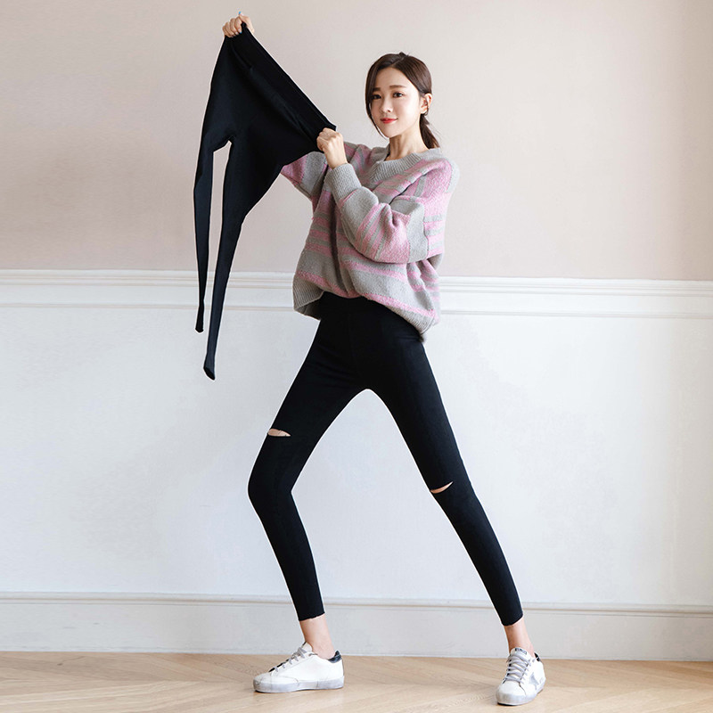 Korean version boomer black inner lap pants woman outside wearing spring and autumn thin section Broken Hole 90% small foot elastic tight pencil pants