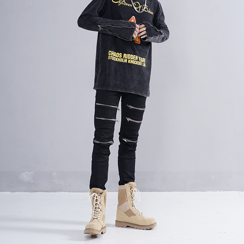 欧美高街男士嘻哈弹力修身小脚裤膝盖拉链破洞青少年牛仔裤黑色