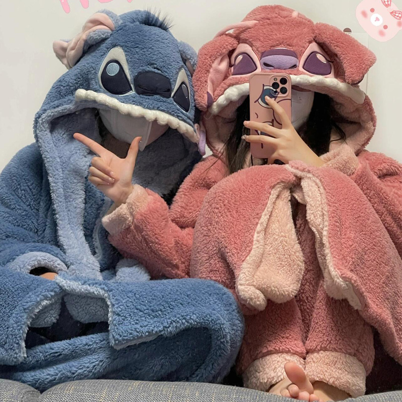 Stitch Couple Pajamas for Women, Autumn and Winter Coral Fleece Thickened Long Bathrobe, Men's Loungewear Set Stitch Couple Pajamas for Women, Autumn and Winter Coral Fleece Thickened Long Bathrobe, Men's Loungewear Set