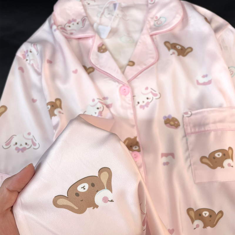 Cute Pink Dessert Rabbit Ice Silk Pajamas for Women 2026 New Summer Short-Sleeved Home Wear Set with Chest Pads Thin Style Cute Pink Dessert Rabbit Ice Silk Pajamas for Women 2026 New Summer Short-Sleeved Home Wear Set with Chest Pads Thin Style
