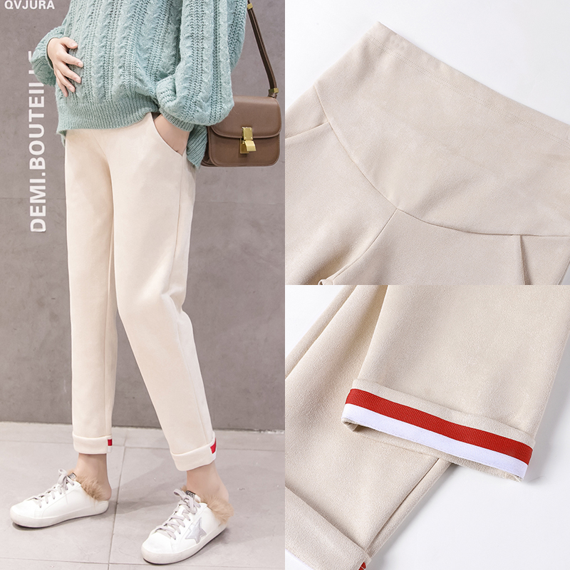 Pregnant Woman Broadlegged Pants Woman Autumn Winter Outside Wearing Inner Lap Pants Deer Leather Solid Suede Belly Pants Pregnant Woman Autumn Clothing Casual Sports Pants