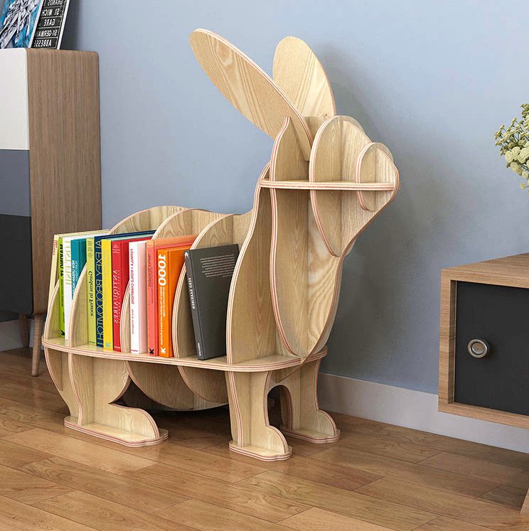 Creative environmental protection wooden rabbit bookshelf kindergarten school creative children's room decoration bookshelf floor rack