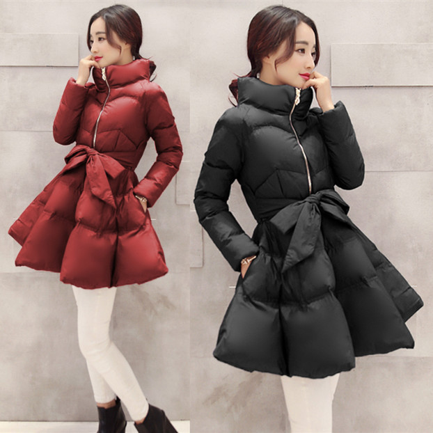 Puffy Skirt Women's Winter Thickened down Cotton Coat Mid-Length Flared Skirt A-Line High-Neck Coat Slim-Fit Cape Cotton Jacket