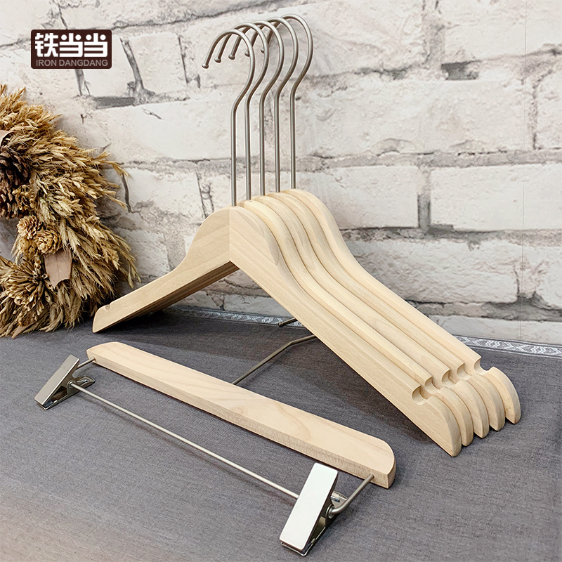 Iron dangdang non-slip kan log wood natural color solid wood hanger men's and women's clothing store wooden anti-slip clothing propped long hook wood hanger