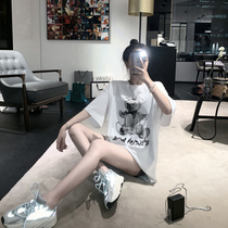  White bear t-shirt womens loose Korean summer mid-length round neck pure cotton Western style short-sleeved t-shirt sunscreen scarf