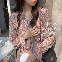 Super fairy bellflower French chiffon long-sleeved floral dress female 2021 summer new waist big swing fairy skirt