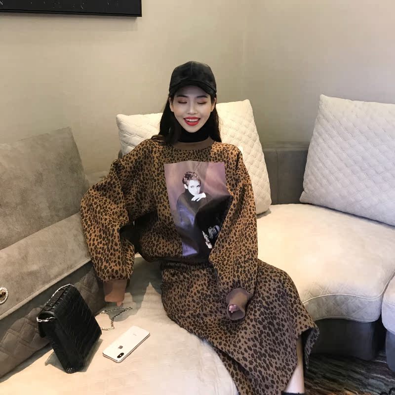 VK旗艦店 韓系時尚復古性感豹紋套裝長袖裙裝