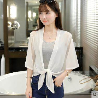 Summer chiffon shirt small shawl short coat female cardigan large size thin section outside the beach suit loose sunscreen clothing