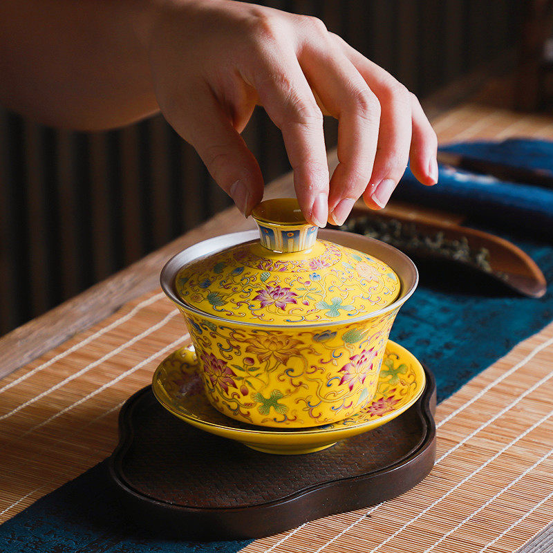 Jingdezhen enamel color lid bowl 999 sterling silver gilt silver large ceramic Sancai bowl kung fu home tea brewer tea set