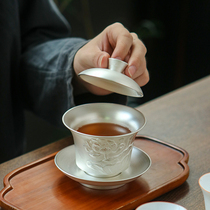 Silver Lid Bowl 999 Sterling Silver Gilt Silver Tea Set Kung Fu Sancai Bowl Chinese High-grade Embossed Tea Brewer Respect Tea Bowl Home