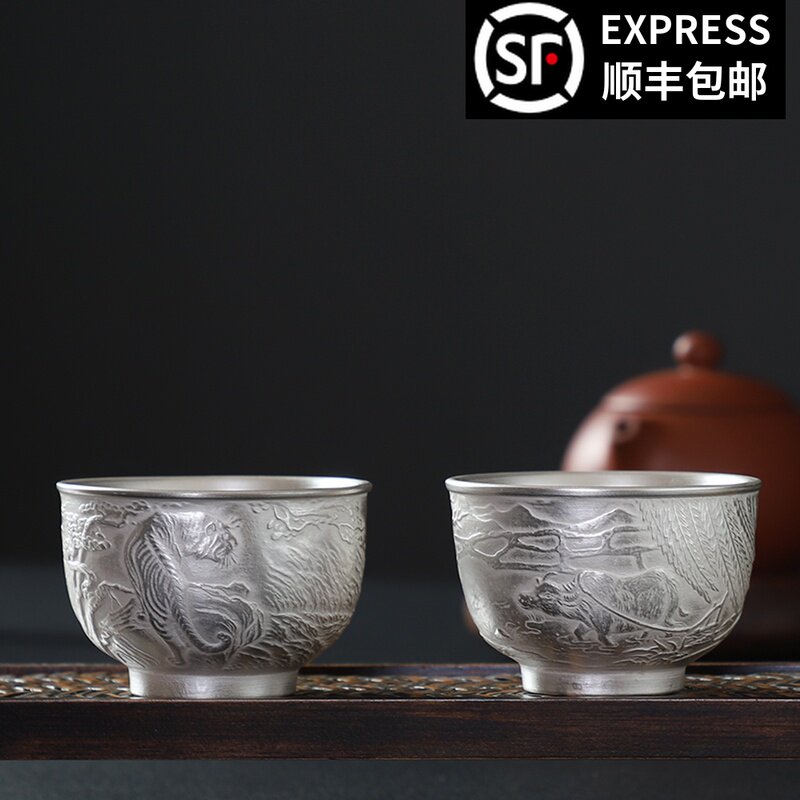 Silver tea cup 999 sterling silver dragon and phoenix cup Zodiac master cup Gilt silver tea cup Kung Fu Tea cup Silver tea set