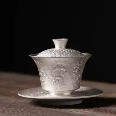 Sterling silver tea set dragon and phoenix happy tea bowl wedding 999 sterling silver bowl three bowl tea set Kung Fu Tea Bowl