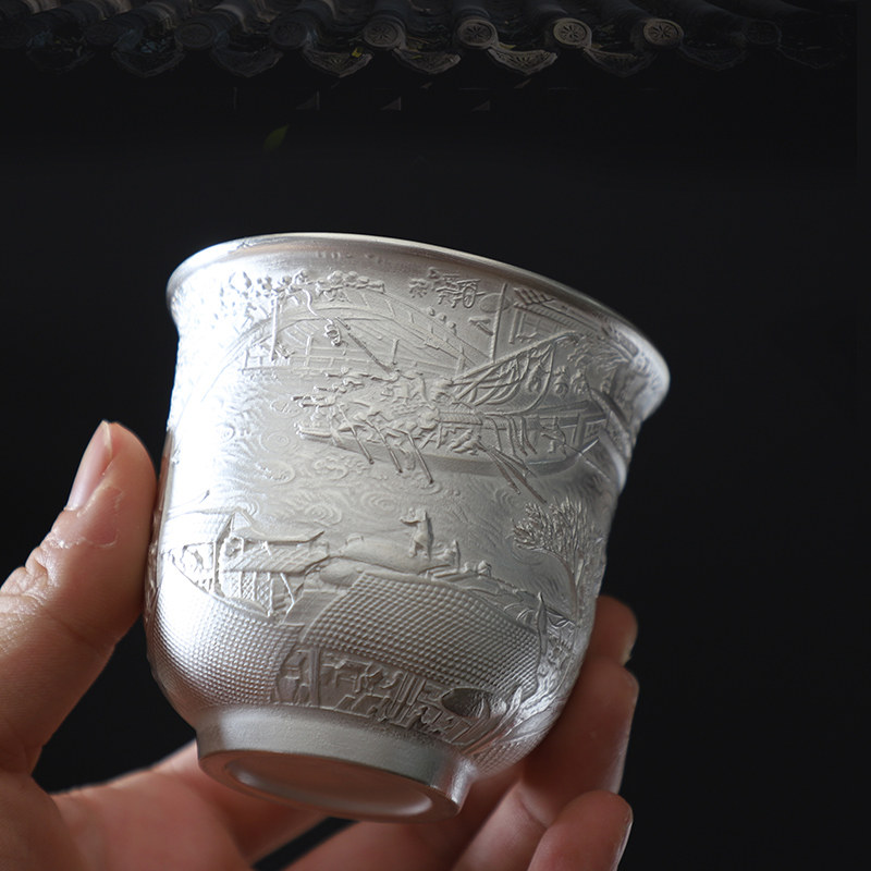 Silver glass 999 silver lord single cup of silver bold cup of tea cup Longfeng cup of silver glass