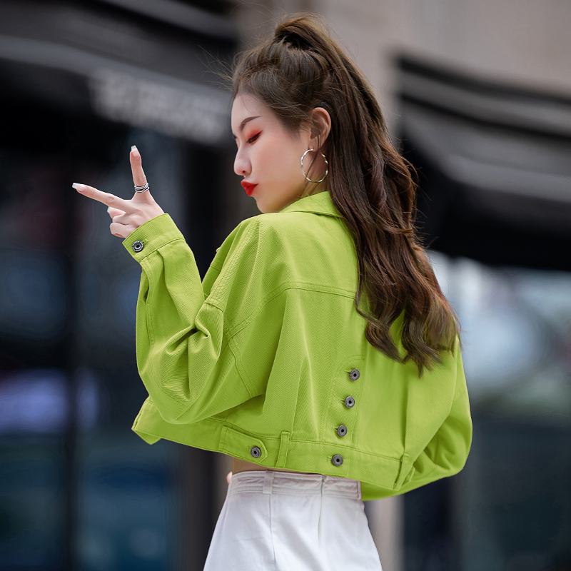 Fruit Green Denim Jacket for Women, Spring and Autumn 2026 New Short Style Women's Top, This Year's Popular Denim Jacket