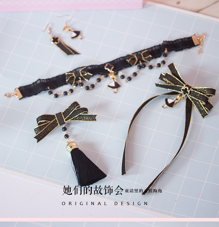 Dark Alice Set Bow Hair Clip LOLITA Nhật Bản Vòng cổ Handmade Vòng tay Bông tai Trang sức - Vòng đeo tay Clasp vòng vàng 18k kiểu mới