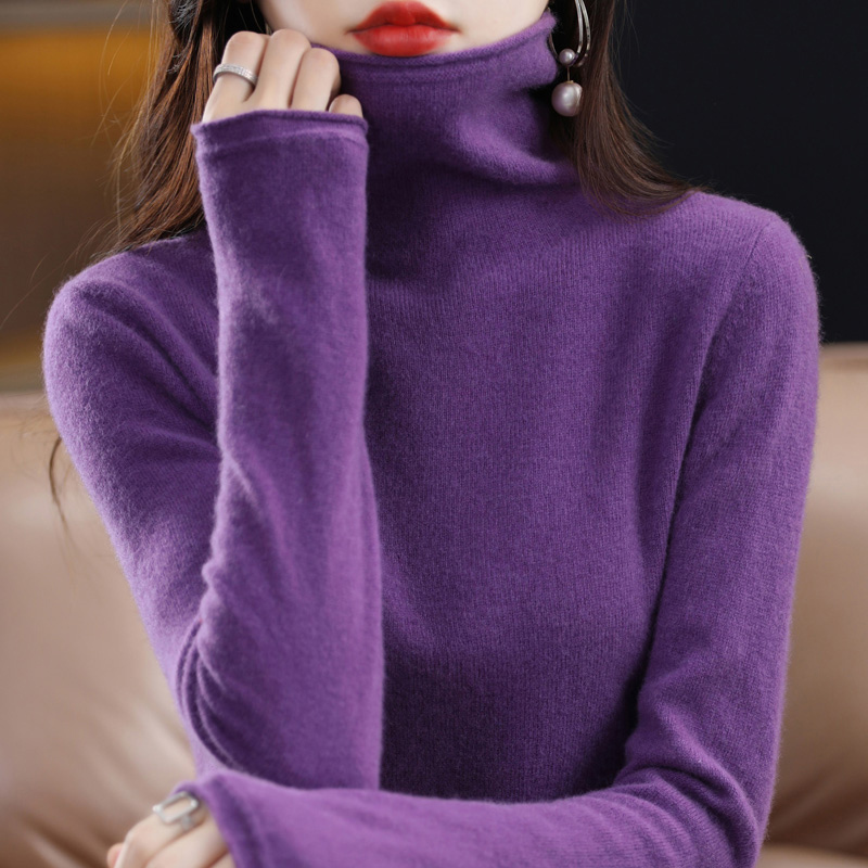 Purple Turtleneck Wool Knit Base Sweater for Women, Autumn and Winter Season, Versatile Collar, Slim-Fit Layered Top