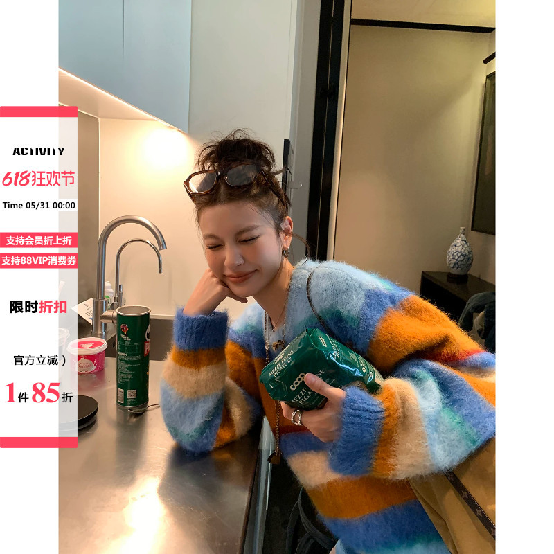 Dula Haohaojia Rainbow Candy/Colorful Striped Fuzzy Pullover Sweater for Women, Winter Lazy Soft Loose Top Dula Haohaojia Rainbow Candy/Colorful Striped Fuzzy Pullover Sweater for Women, Winter Lazy Soft Loose Top