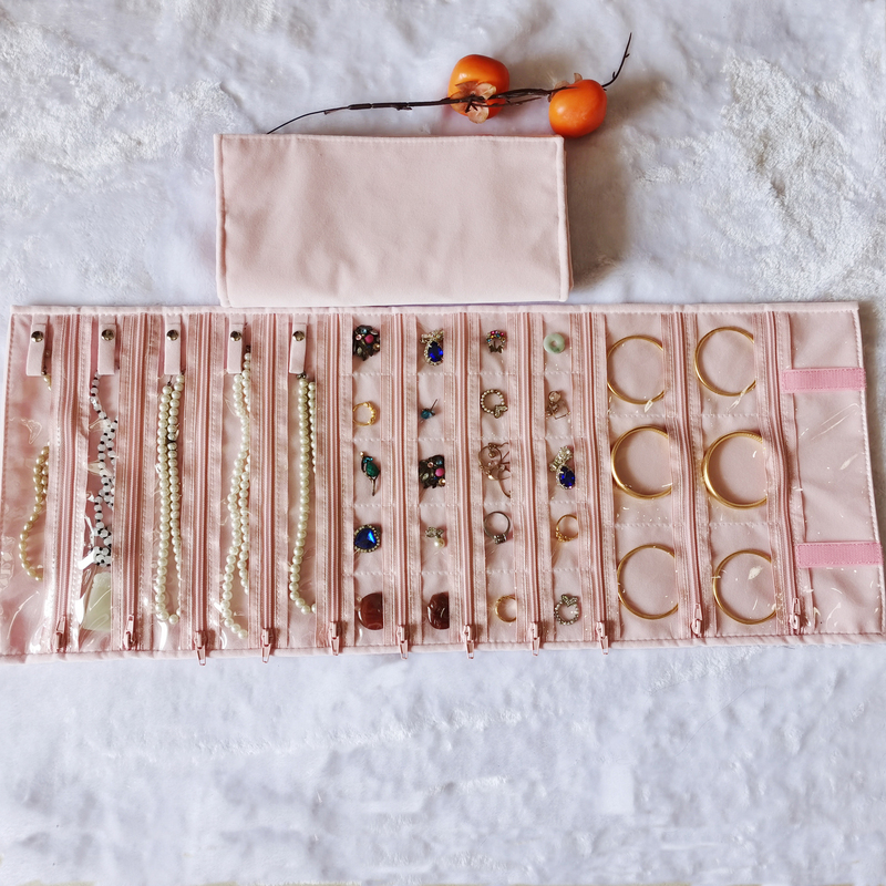 Lotus Pink Velvet Jewelry Bag Foldable Zipper Transparent Pouch for Rings, Necklaces, Earrings, Ear Studs, Bracelets, and Bangles Storage