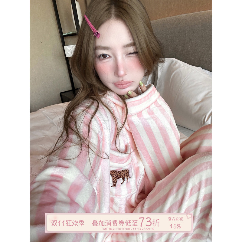 Joycebra Winter Striped Leopard Pajamas for Women 2026 New Thickened Flannel Warm Homewear Set