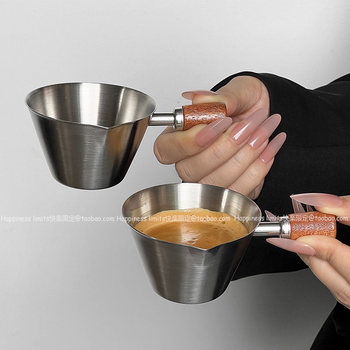 Walnut Handle Espresso Measuring Cup Stainless Steel with Scale Small Milk Jug Coffee Liquid Extraction Cup