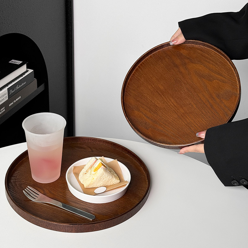 Japanese-Style Tea Tray, Fruit Tray, Household Round Wooden Tray, Snack Tray, Dinner Plate, Cup Storage Tray, Dessert Cake Plate