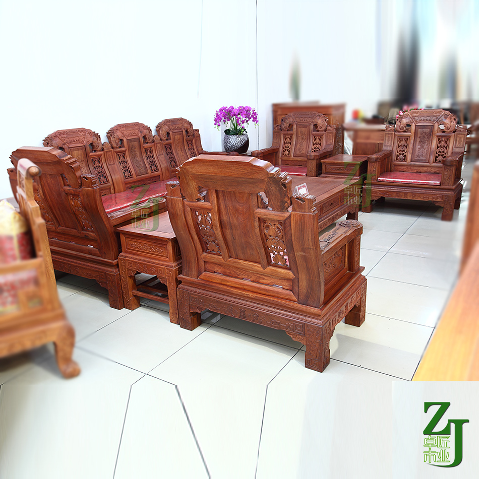 Myanmar rosewood sofa furniture mahogany carving sofa combination promotion fish leap Dragon Gate Dongyang mahogany furniture