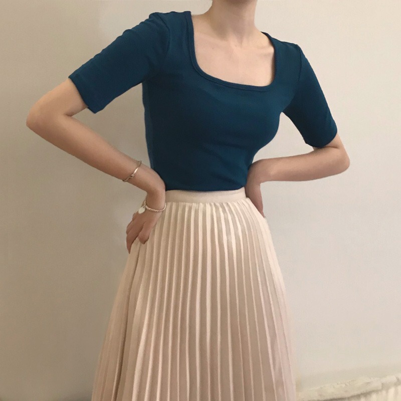 French-Style Slimming Square-Neck Exposed Collarbone Solid Color Short-Sleeve Trendy Women's Large Neckline Fitted Five-Quarter Sleeve Top T-Shirt French-Style Slimming Square-Neck Exposed Collarbone Solid Color Short-Sleeve Trendy Women's Large Neckline Fitted Five-Quarter Sleeve Top T-Shirt