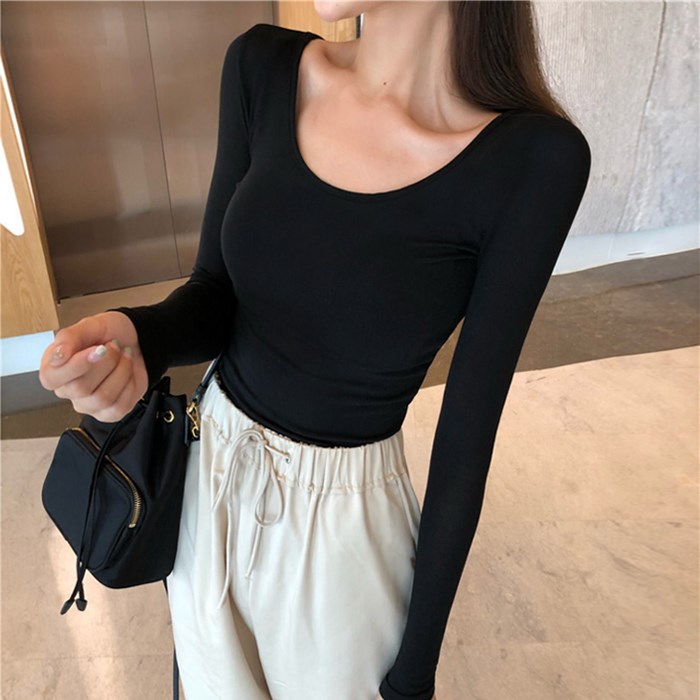 Spring Summer Pure Cotton Low Collar Inner Hitch Woman Long Sleeve T-shirt Tight Inside Lap Clothes Large Neckline U Collar Burst Milk Large Blouse Tide