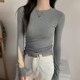 Autumn and winter American-style gray right-shoulder shirt, long-sleeved T-shirt for women, brushed plus thin velvet inner, bottoming, slim fit, versatile top