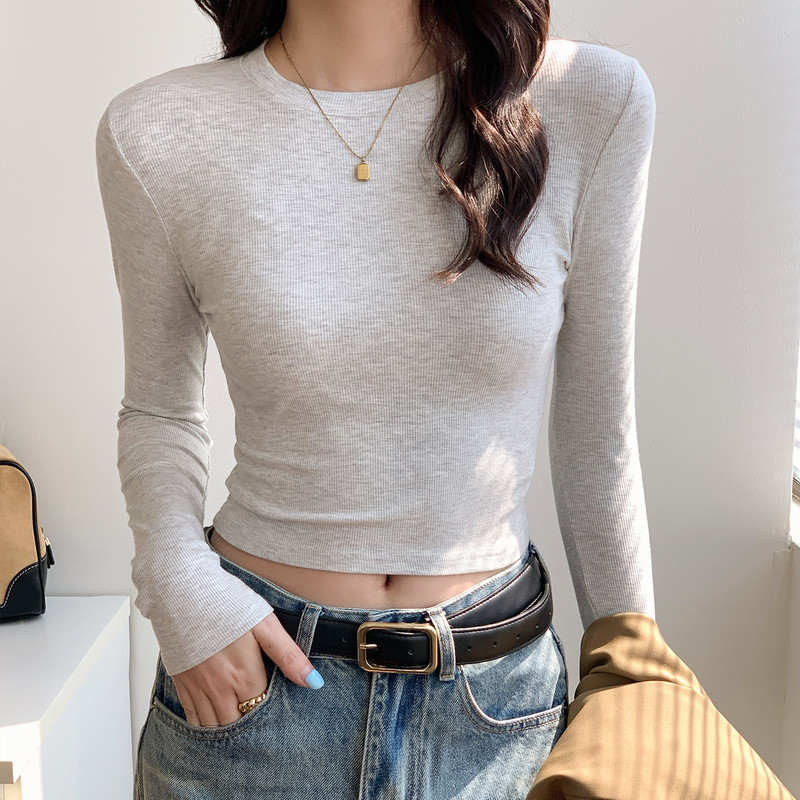 2026 Spring and Autumn Long Sleeve Regular Shoulder High Waist Tight Base Shirt Basic Short Top Slim Fit T-Shirt for Women