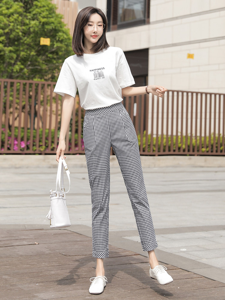 Plaid suit pants women's summer thin straight tube loose and thin nine-point pants 2021 new Korean version of casual harem pants