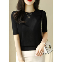 Ice-silk-knitted sweatshirt short sleeve Women Summer Korean version High-end Slim Fashion 100 Lap Round Collar Half Sleeve Bottom Jacket