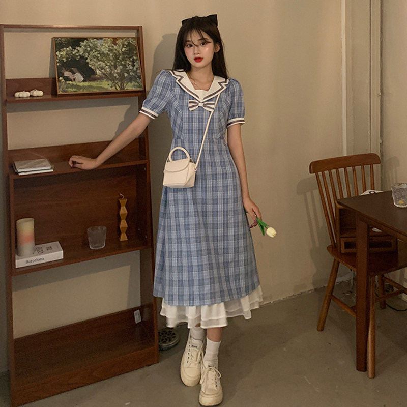 Large Size Fat MM Blue Plaid Dress Woman 2021 New Summer Navy Academy Wind Collar Cashew Slim Long Dress
