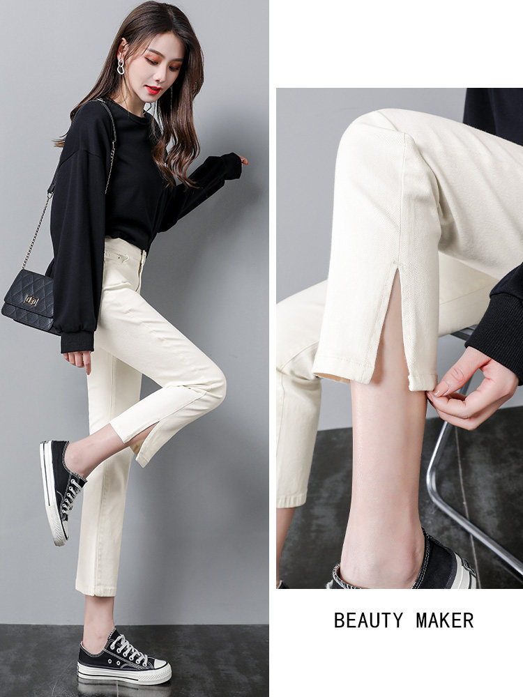White straight drum open fork jeans female summer thin section high waist display slim small sub 80% pants Korean version 90% smoke pipe pants
