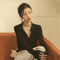 Star Zhou Yutong same black sweater autumn womens European station slim top polo collar long sleeve sweater