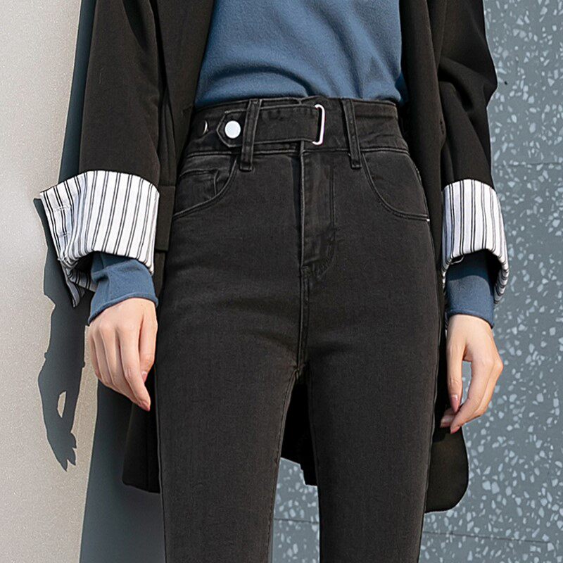 Black jeans women in autumn and winter 2021 new plus pencil high waist and lean elastic fix small foot pencil pants