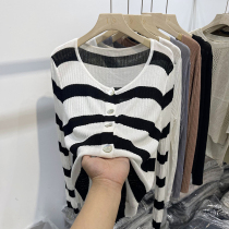 Striped V-neck Ice Silk long sleeve knitwear autumn 2021 new womens cardigan spring and autumn thin loose coat tide