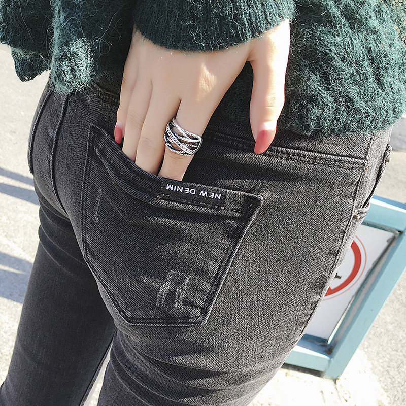 Tobacco Grey Jeans Woman 2021 New spring Korean version High waist elastic tight with slim foot pencil pants tide