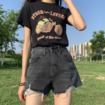 Smoke grey denim shorts female summer thin section High waist loose with slim 2021 new Korean version Fashion break a pair of pants