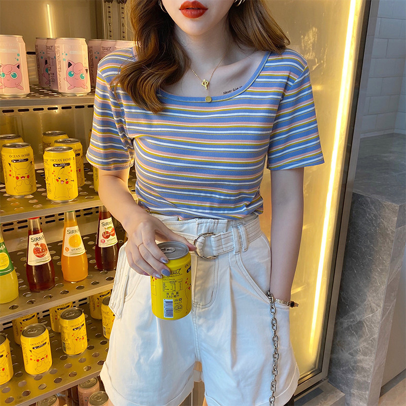 Striped short sleeve T-shirt woman short for body 2021 Summer new Korean version Ins tide fashion open collarbone square collar blouse