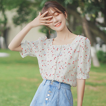 Hipster chiffon floral shirt female 2021 new summer thin loose design sense niche casual square collar top