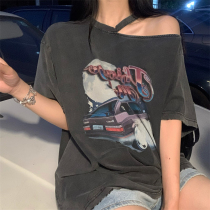 Strapless short sleeve T-shirt female 2021 summer new leisure loose design sense niche hot girl print top ins tide