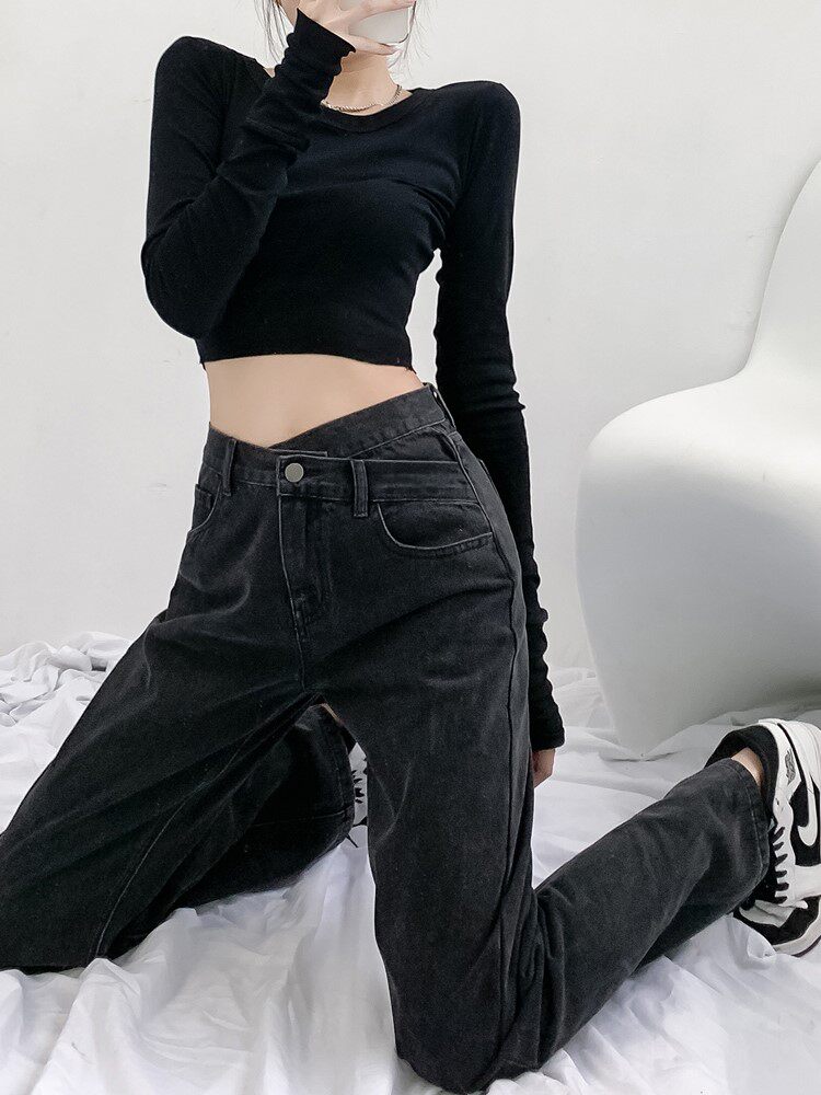 Black grey jeans female high waist straight cylinder loose with slim Han version autumn and winter plus suede design sensation lengthened drag underpants tide