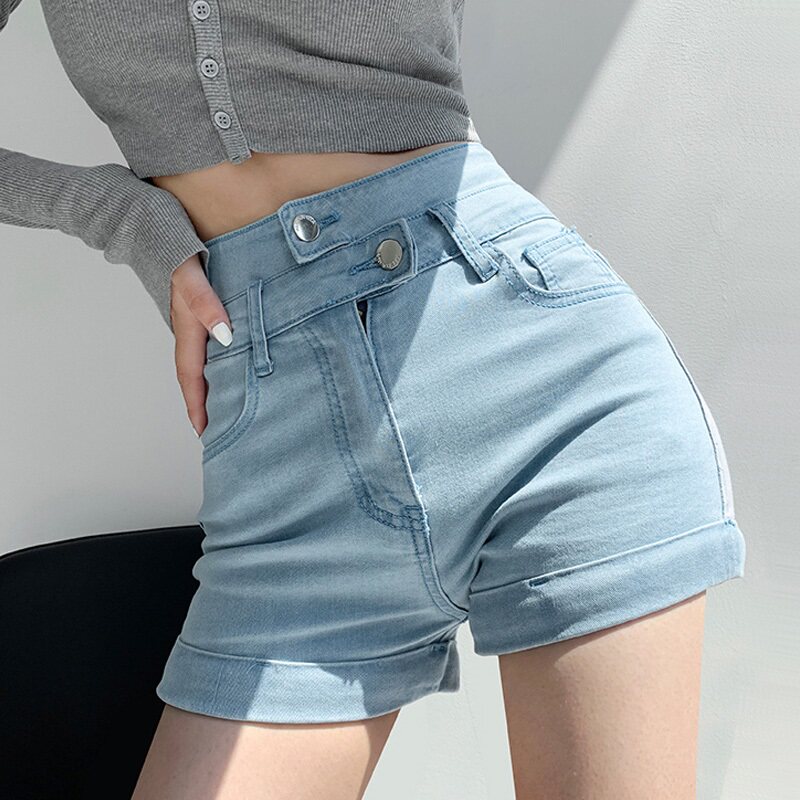 Denim Shorts Woman 2021 new Summer slim Slim Sensible Legs Long Curbside Elastic Pack Hip a word hot pants Chains